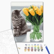 Картина за номерами «Котик з тюльпанами» придбати в інтернет-магазині Супер Пуперс